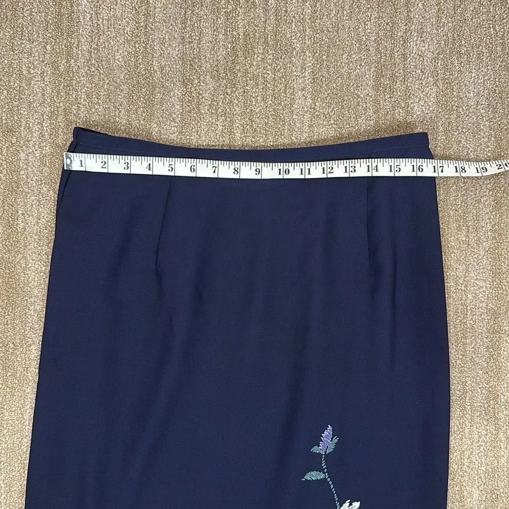 Alfred Dunner Vintage Navy Blue Floral Print Stretch Maxi Skirt Women Size 14
